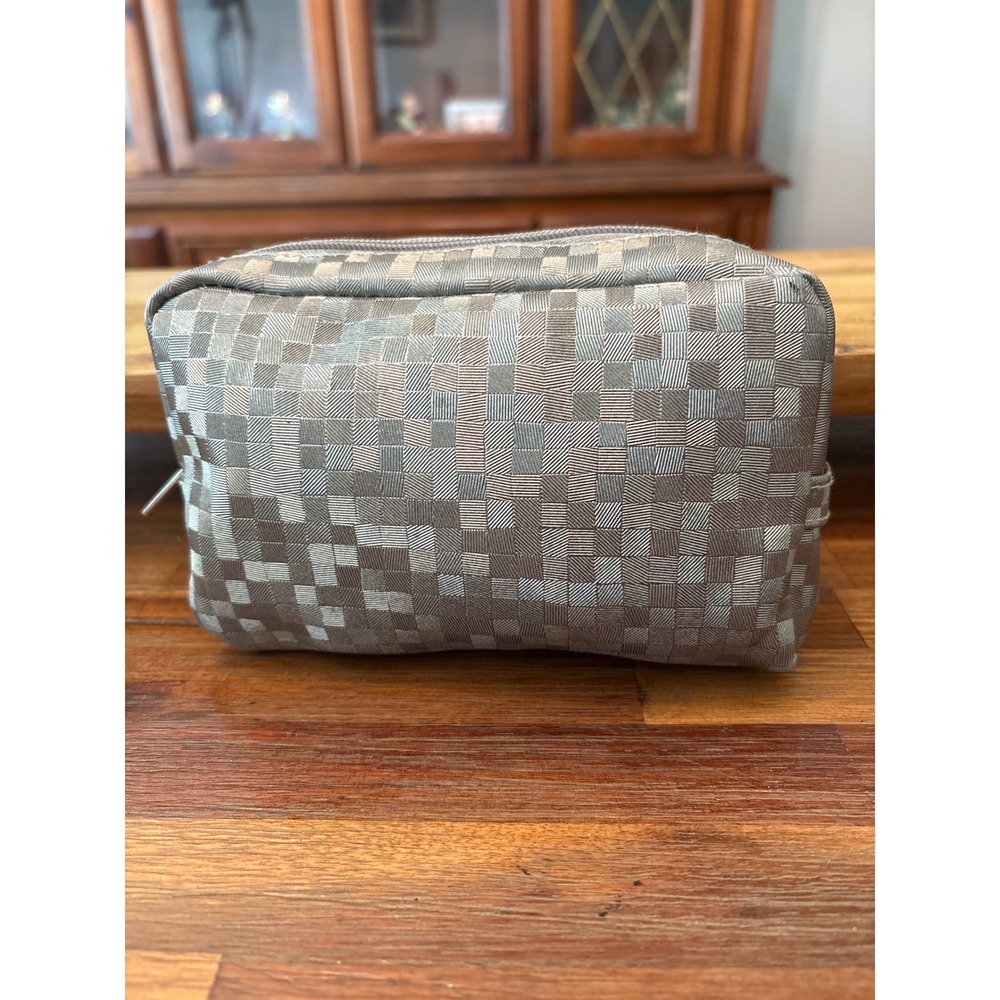 Lancome Cosmetic Bag Women OS Silver Good Woven Checkerboard Metallic Zip Pouch